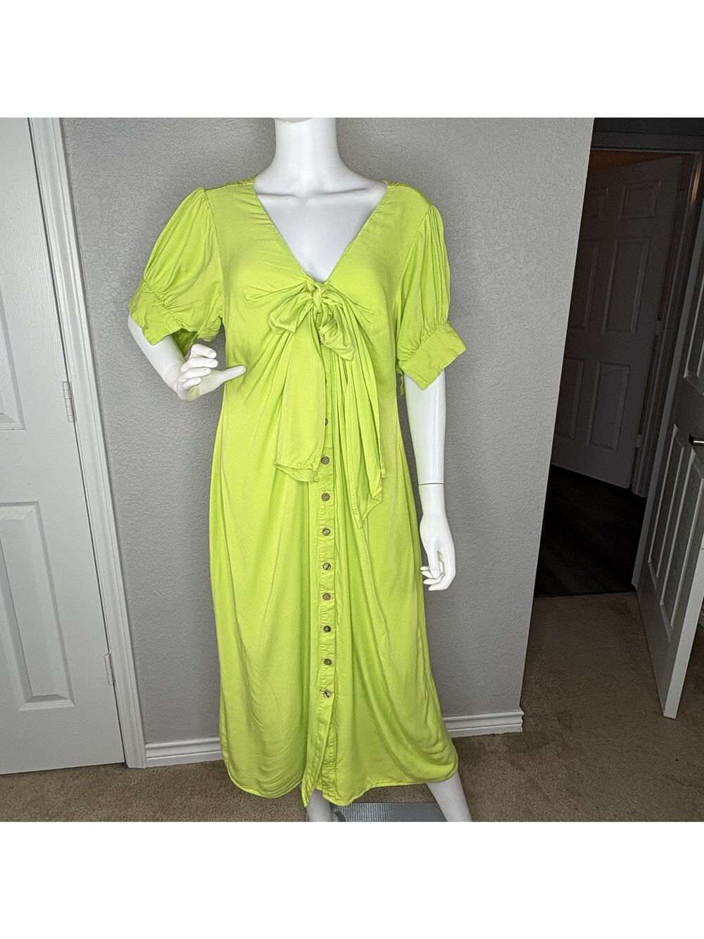 Bucket List A Line Midi Shirt Dress Puff Sleeve Cottage Coquette Lime Green Sz L